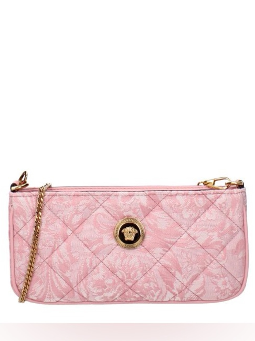 NWT Versace Quilted Pink Jacquard Shoulder Bag With Gold Chain